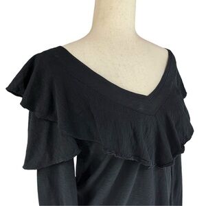 Nation LTD XSmall Womens Kelsey Jet Black Ruffle Pima Cotton Long Sleeve Top